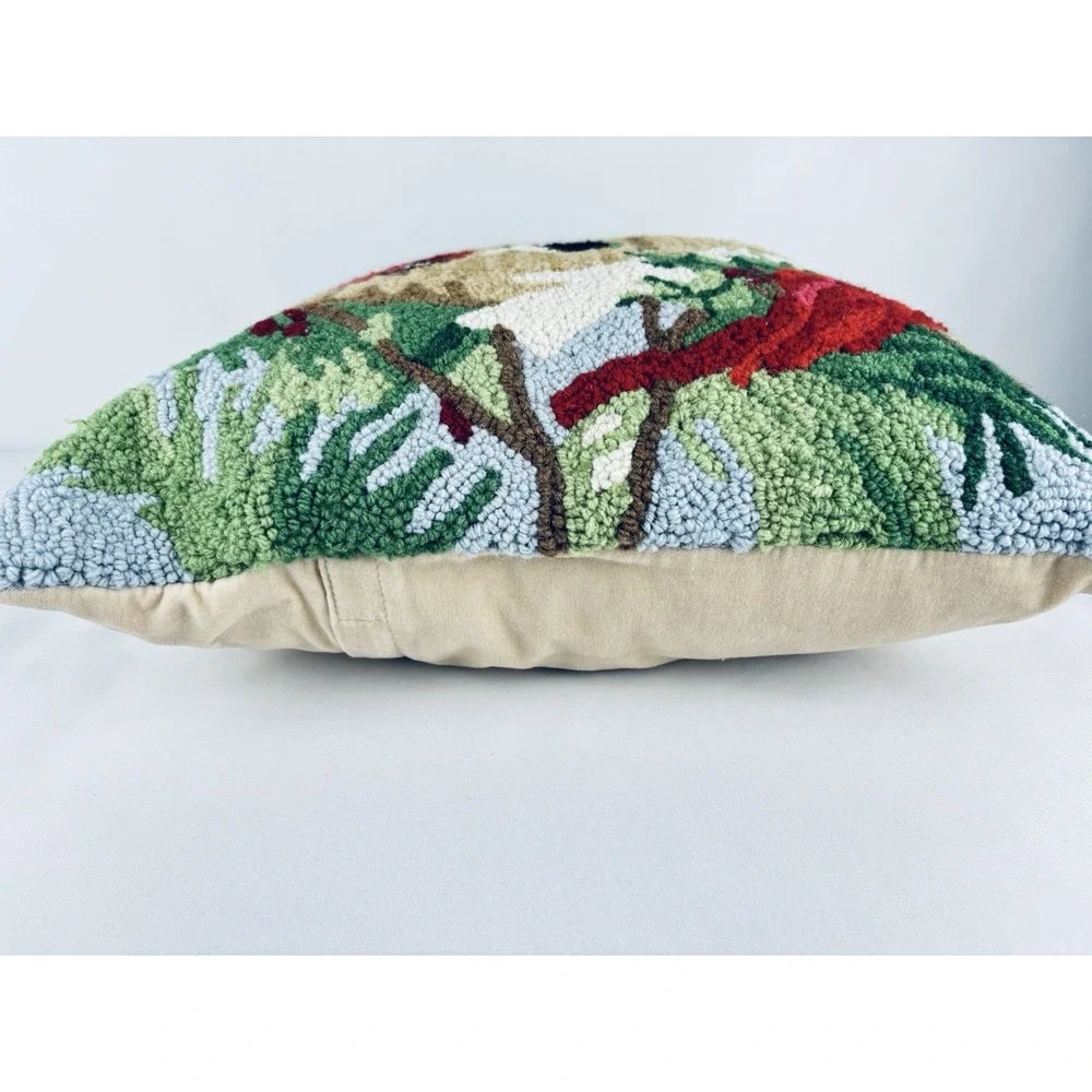 Winter Cardinal Bird House Hooked Wool Throw Pillow Cushion Holiday Christmas